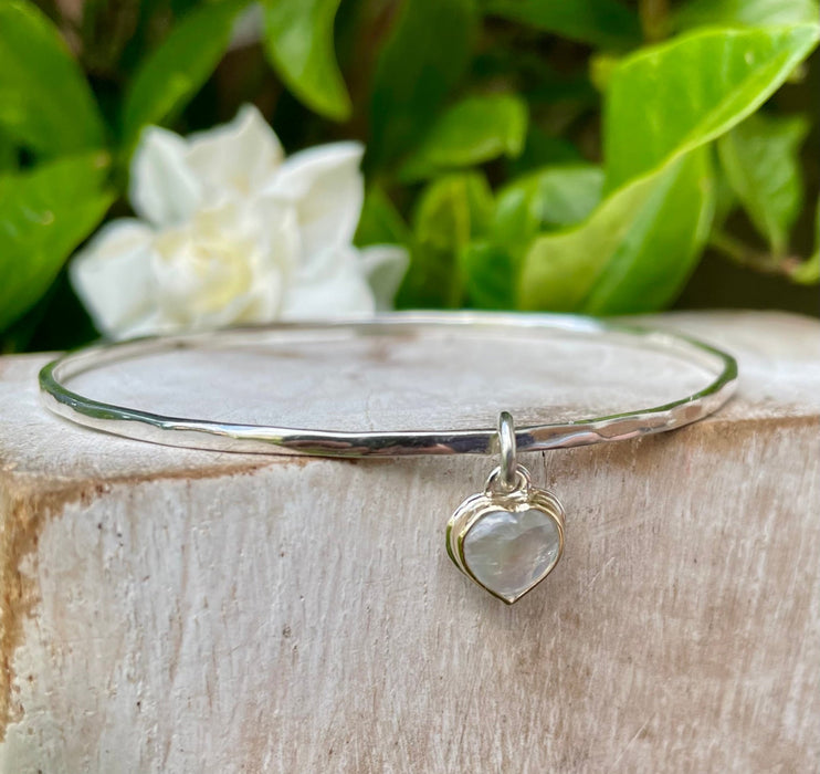 Sterling Silver Heart Charm Bangle with Moonstone – 9ct Gold - Set Gemstone Jewellery - Kathy Sayce Jewellery