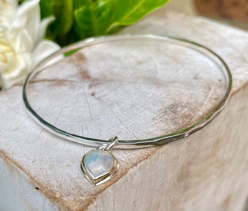 Sterling Silver Heart Charm Bangle with Moonstone – 9ct Gold - Set Gemstone Jewellery - Kathy Sayce Jewellery