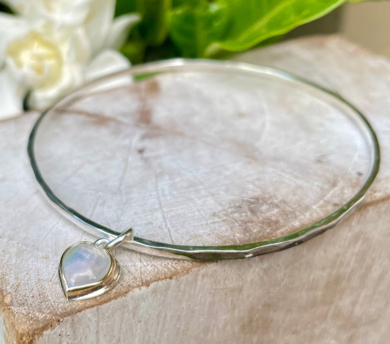 Sterling Silver Heart Charm Bangle with Moonstone – 9ct Gold - Set Gemstone Jewellery - Kathy Sayce Jewellery