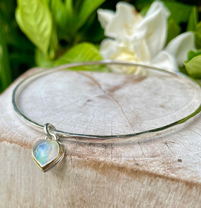 Sterling Silver Heart Charm Bangle with Moonstone – 9ct Gold - Set Gemstone Jewellery - Kathy Sayce Jewellery