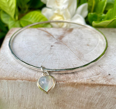 Sterling Silver Heart Charm Bangle with Moonstone – 9ct Gold - Set Gemstone Jewellery - Kathy Sayce Jewellery