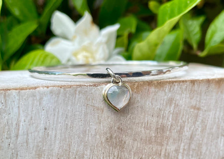 Sterling Silver Heart Charm Bangle with Moonstone – 9ct Gold - Set Gemstone Jewellery - Kathy Sayce Jewellery