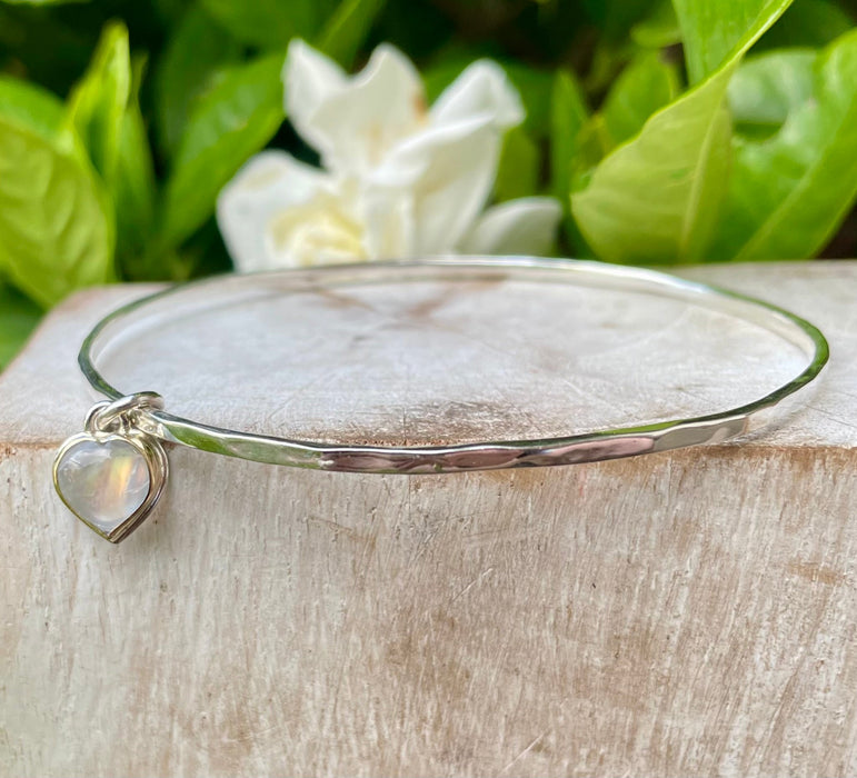 Sterling Silver Heart Charm Bangle with Moonstone – 9ct Gold - Set Gemstone Jewellery - Kathy Sayce Jewellery