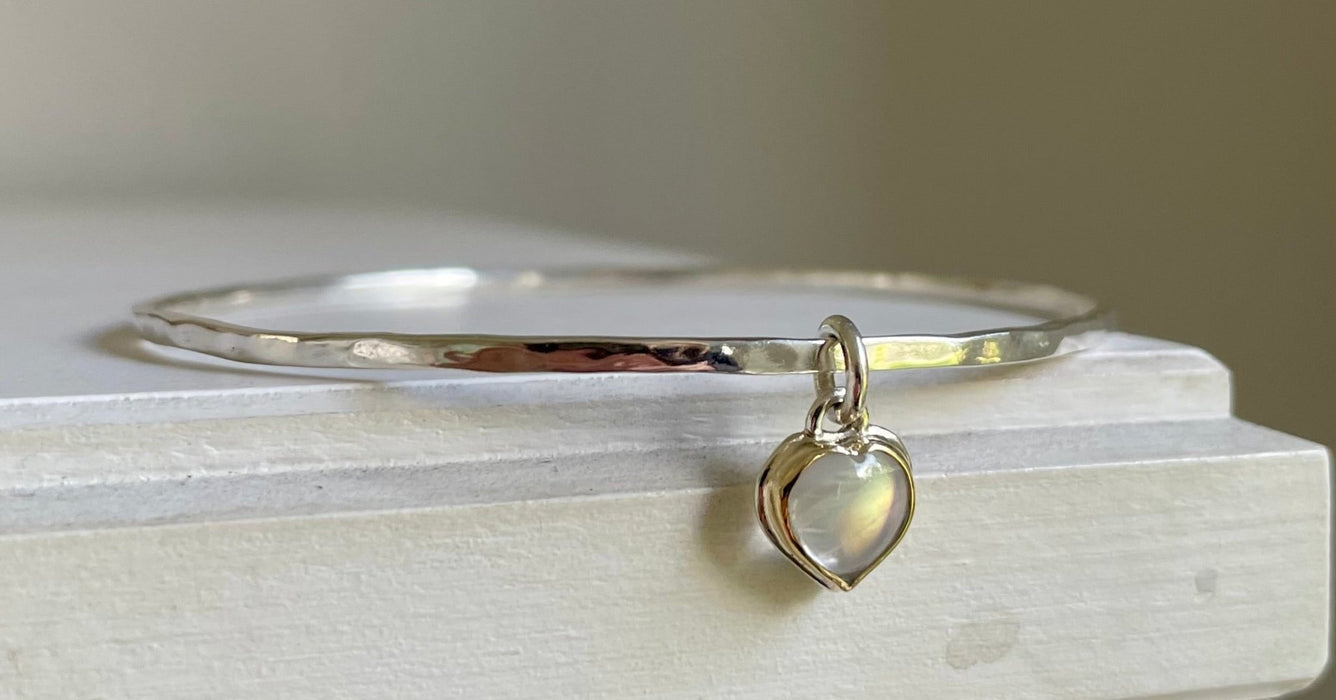 Sterling Silver Heart Charm Bangle with Moonstone – 9ct Gold - Set Gemstone Jewellery - Kathy Sayce Jewellery