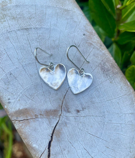 Sterling Silver Heart Dangle Earrings – Hammered Texture with Handmade Earwires - Kathy Sayce Jewellery