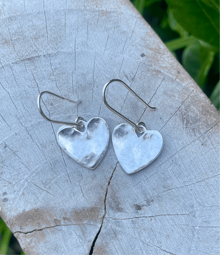 Sterling Silver Heart Dangle Earrings – Hammered Texture with Handmade Earwires - Kathy Sayce Jewellery