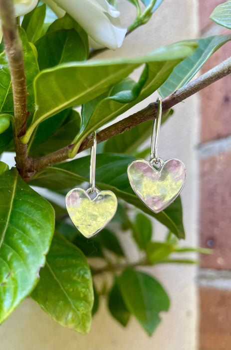 Sterling Silver Heart Dangle Earrings – Hammered Texture with Handmade Earwires - Kathy Sayce Jewellery