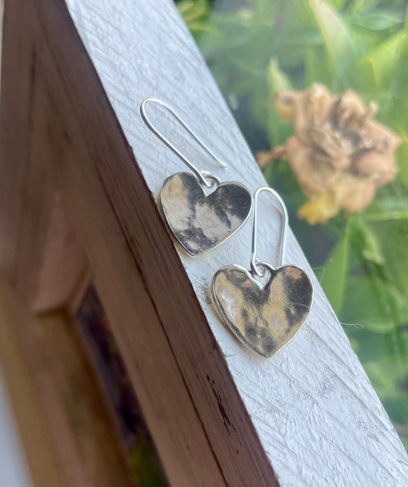 Sterling Silver Heart Dangle Earrings – Hammered Texture with Handmade Earwires - Kathy Sayce Jewellery