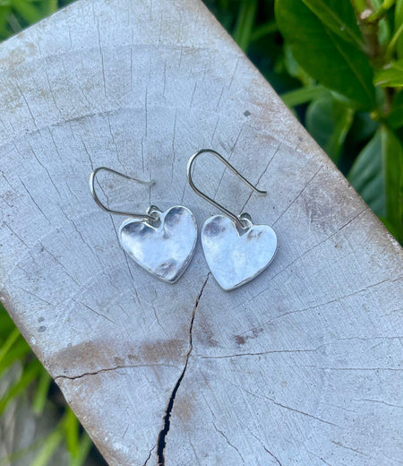 Sterling Silver Heart Dangle Earrings – Hammered Texture with Handmade Earwires - Kathy Sayce Jewellery