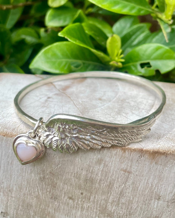 Sterling Silver Hearts and Angels Bangle with Pink Opal Heart Charm - Symbolic Handmade Jewellery - Kathy Sayce Jewellery