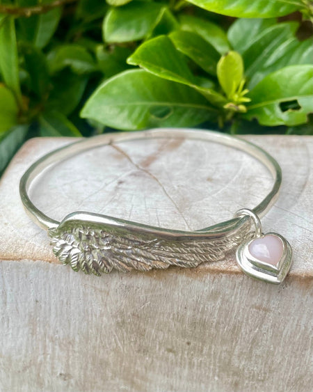 Sterling Silver Hearts and Angels Bangle with Pink Opal Heart Charm - Symbolic Handmade Jewellery - Kathy Sayce Jewellery
