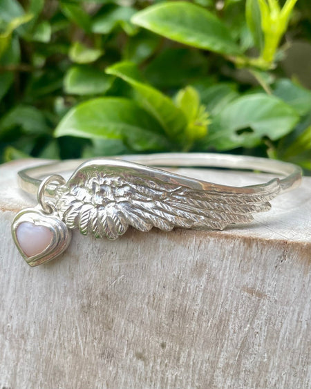 Sterling Silver Hearts and Angels Bangle with Pink Opal Heart Charm - Symbolic Handmade Jewellery - Kathy Sayce Jewellery