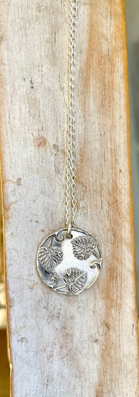 Sterling Silver Leaf Disc Necklace – Handcrafted Silver Pendant on Sterling Chain - Kathy Sayce Jewellery