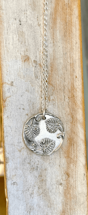 Sterling Silver Leaf Disc Necklace – Handcrafted Silver Pendant on Sterling Chain - Kathy Sayce Jewellery
