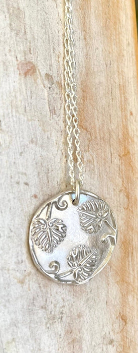 Sterling Silver Leaf Disc Necklace – Handcrafted Silver Pendant on Sterling Chain - Kathy Sayce Jewellery