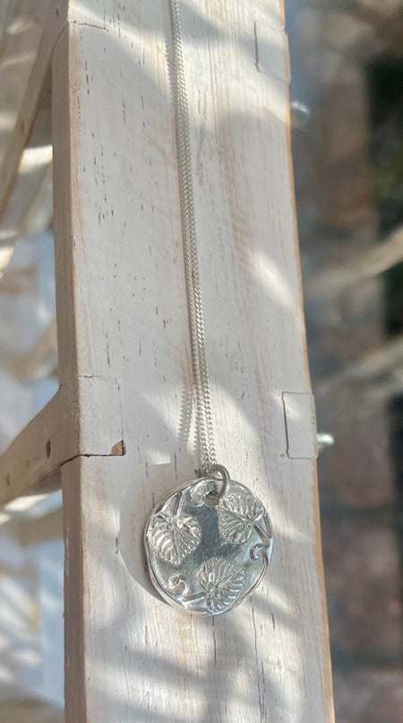 Sterling Silver Leaf Disc Necklace – Handcrafted Silver Pendant on Sterling Chain - Kathy Sayce Jewellery