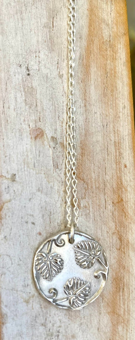Sterling Silver Leaf Disc Necklace – Handcrafted Silver Pendant on Sterling Chain - Kathy Sayce Jewellery