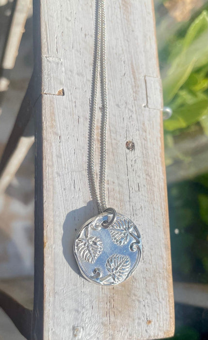 Sterling Silver Leaf Disc Necklace – Handcrafted Silver Pendant on Sterling Chain - Kathy Sayce Jewellery