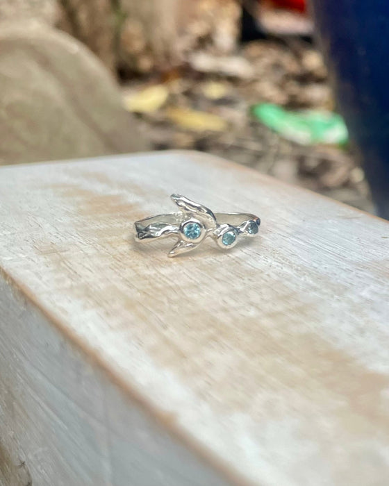 Sterling Silver Leaf Ring with Blue Topaz – Nature - Inspired Gemstone Design - Kathy Sayce Jewellery