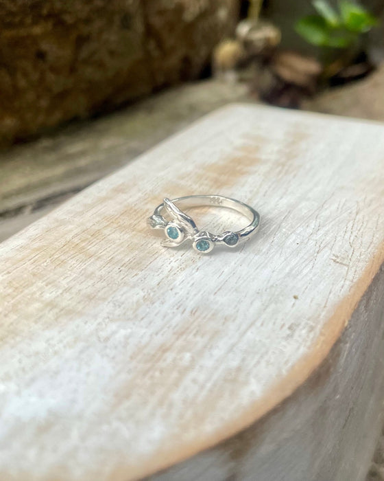 Sterling Silver Leaf Ring with Blue Topaz – Nature - Inspired Gemstone Design - Kathy Sayce Jewellery