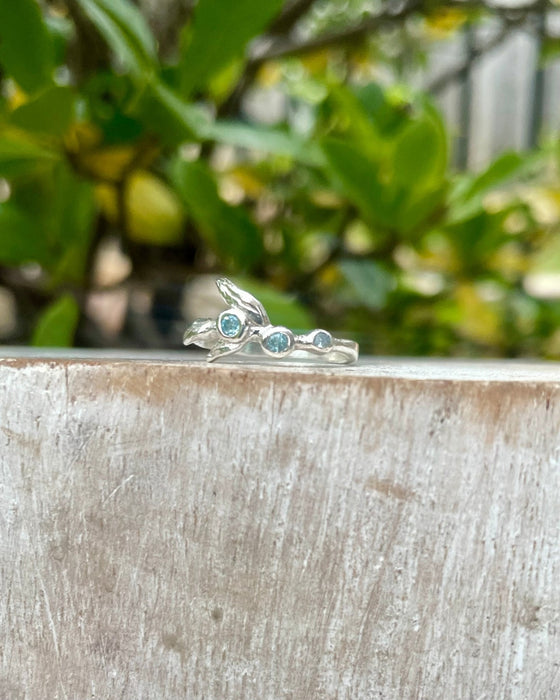 Sterling Silver Leaf Ring with Blue Topaz – Nature - Inspired Gemstone Design - Kathy Sayce Jewellery