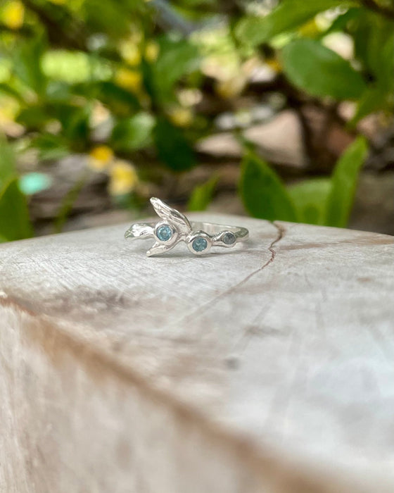 Sterling Silver Leaf Ring with Blue Topaz – Nature - Inspired Gemstone Design - Kathy Sayce Jewellery