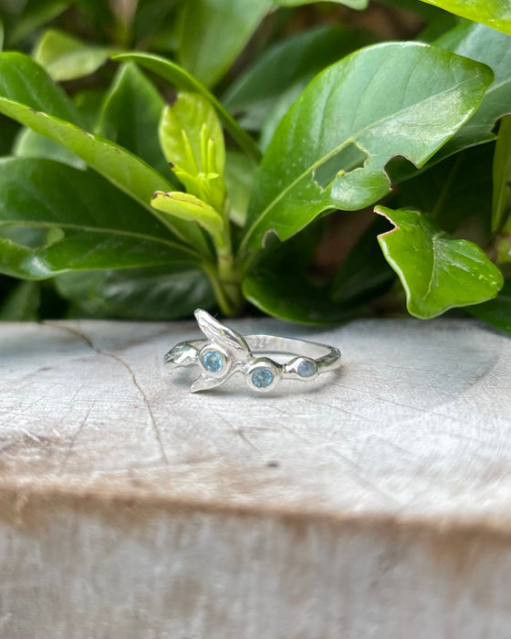Sterling Silver Leaf Ring with Blue Topaz – Nature - Inspired Gemstone Design - Kathy Sayce Jewellery