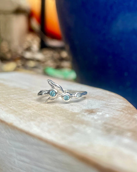 Sterling Silver Leaf Ring with Blue Topaz – Nature - Inspired Gemstone Design - Kathy Sayce Jewellery