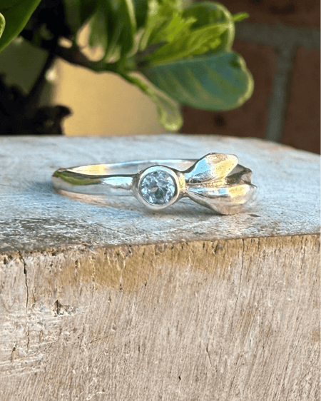 Sterling Silver Leaf Ring with Blue Topaz – Nature - Inspired Ring - Kathy Sayce Jewellery