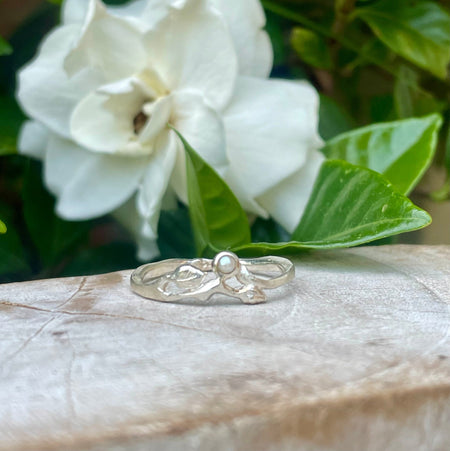 Sterling Silver Leaf Ring with Seed Pearl – Handmade Nature - Inspired Jewellery - Kathy Sayce Jewellery