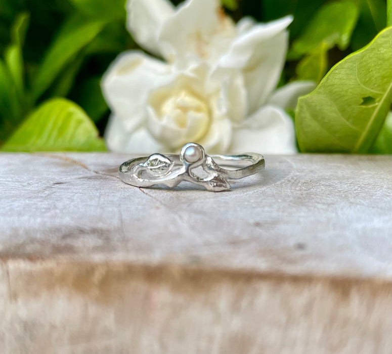 Sterling Silver Leaf Ring with Seed Pearl – Handmade Nature - Inspired Jewellery - Kathy Sayce Jewellery