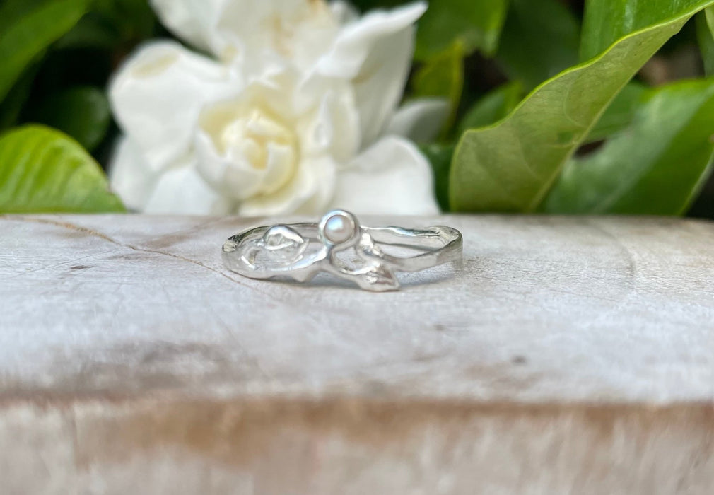 Sterling Silver Leaf Ring with Seed Pearl – Handmade Nature - Inspired Jewellery - Kathy Sayce Jewellery