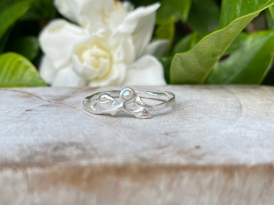 Sterling Silver Leaf Ring with Seed Pearl – Handmade Nature - Inspired Jewellery - Kathy Sayce Jewellery