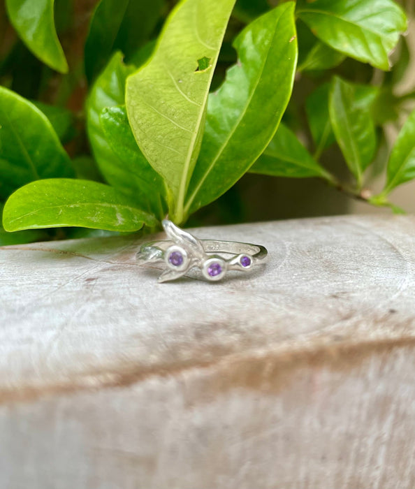 Sterling Silver Leaf Ring with Three Faceted Amethyst Gemstones - Kathy Sayce Jewellery