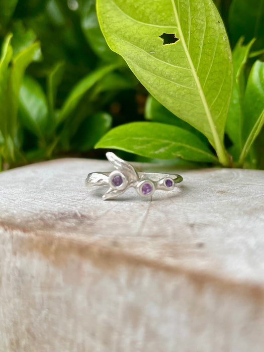 Sterling Silver Leaf Ring with Three Faceted Amethyst Gemstones - Kathy Sayce Jewellery