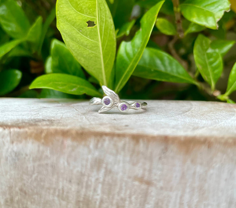 Sterling Silver Leaf Ring with Three Faceted Amethyst Gemstones - Kathy Sayce Jewellery