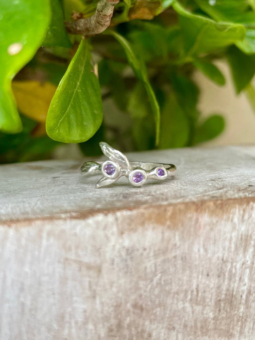 Sterling Silver Leaf Ring with Three Faceted Amethyst Gemstones - Kathy Sayce Jewellery