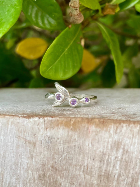 Sterling Silver Leaf Ring with Three Faceted Amethyst Gemstones - Kathy Sayce Jewellery