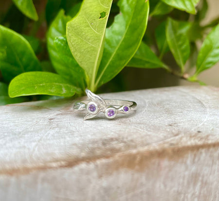 Sterling Silver Leaf Ring with Three Faceted Amethyst Gemstones - Kathy Sayce Jewellery