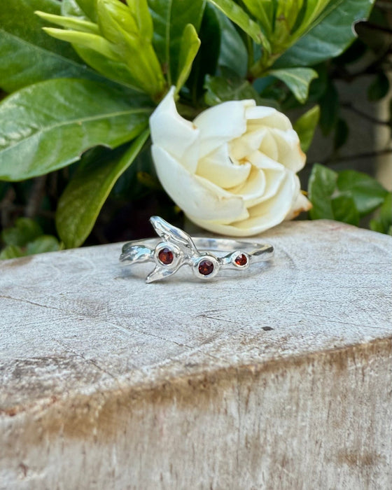 Sterling Silver Leaf Ring with Three Faceted Garnet Gemstones - Kathy Sayce Jewellery