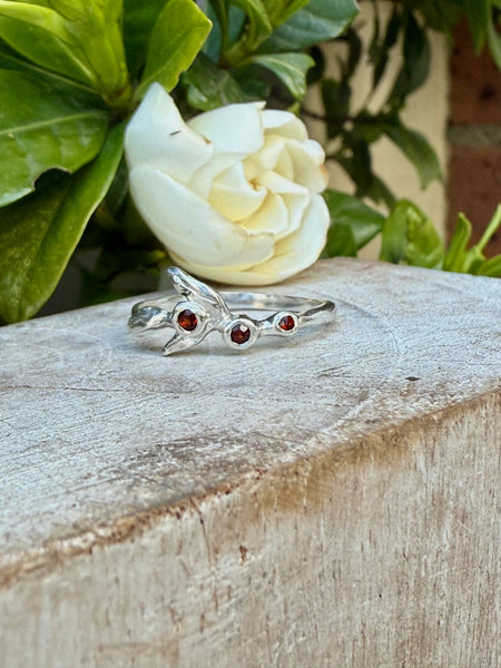 Sterling Silver Leaf Ring with Three Faceted Garnet Gemstones - Kathy Sayce Jewellery