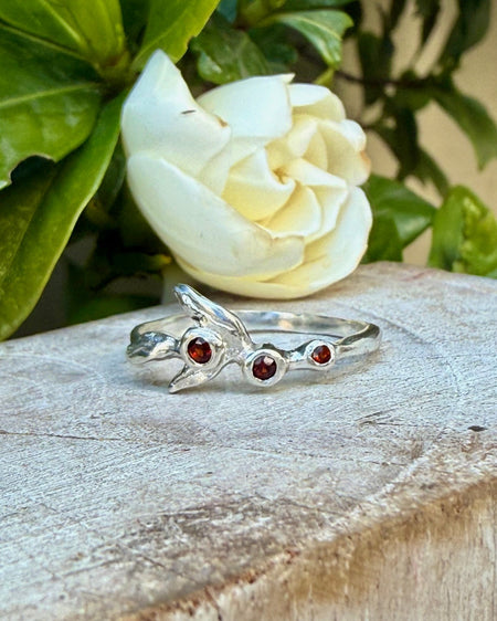 Sterling Silver Leaf Ring with Three Faceted Garnet Gemstones - Kathy Sayce Jewellery