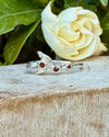 Sterling Silver Leaf Ring with Three Faceted Garnet Gemstones - Kathy Sayce Jewellery
