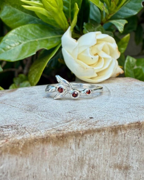Sterling Silver Leaf Ring with Three Faceted Garnet Gemstones - Kathy Sayce Jewellery