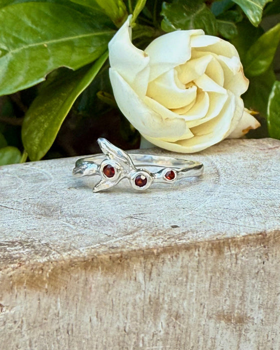 Sterling Silver Leaf Ring with Three Faceted Garnet Gemstones - Kathy Sayce Jewellery