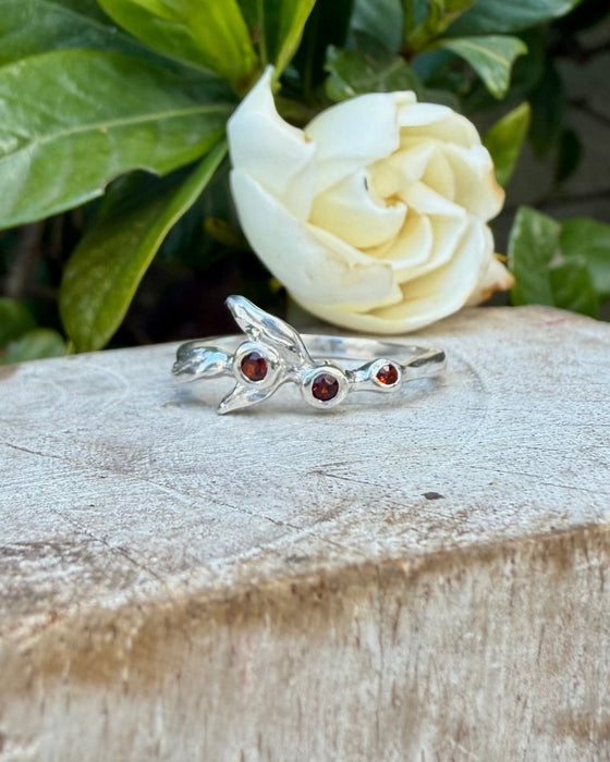 Sterling Silver Leaf Ring with Three Faceted Garnet Gemstones - Kathy Sayce Jewellery
