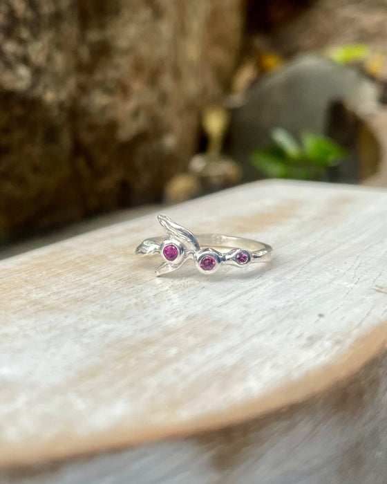 Sterling Silver Leaf Ring with Three Faceted Rhodolite Garnets – Nature - Inspired Garnet Jewellery - Kathy Sayce Jewellery