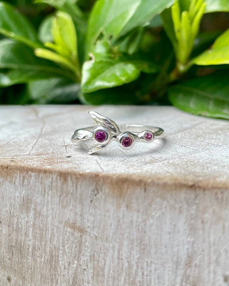 Sterling Silver Leaf Ring with Three Faceted Rhodolite Garnets – Nature - Inspired Garnet Jewellery - Kathy Sayce Jewellery