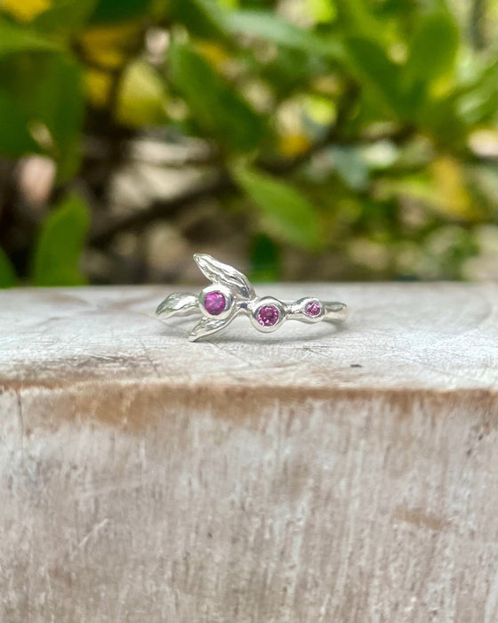 Sterling Silver Leaf Ring with Three Faceted Rhodolite Garnets – Nature - Inspired Garnet Jewellery - Kathy Sayce Jewellery