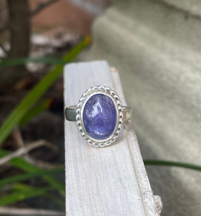 Tanzanite Ring - Purple Tanzanite Ring with Silver Beaded Surround - Kathy Sayce Jewellery